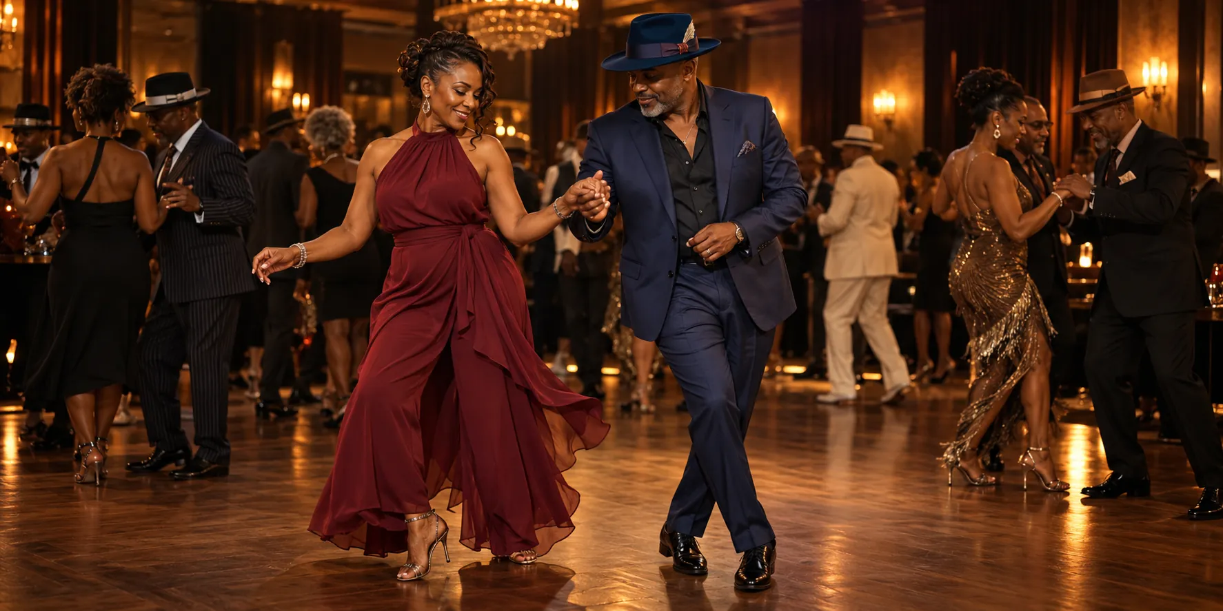 A couple dancing in eveningwear and statement hats at a Chicago ballroom