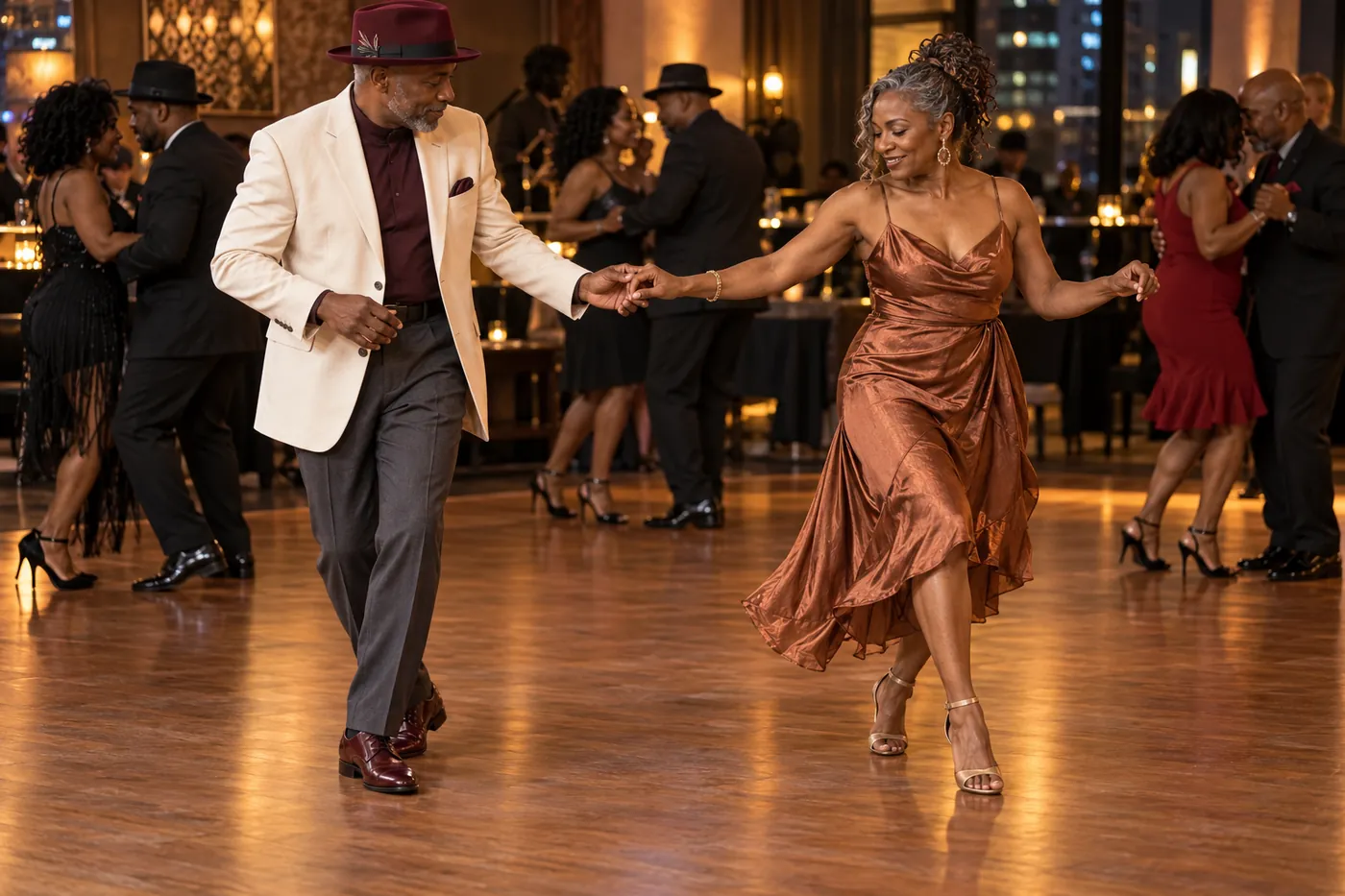 A couple dancing, the man in a cream jacket and brimmed hat, the woman in a copper dress
