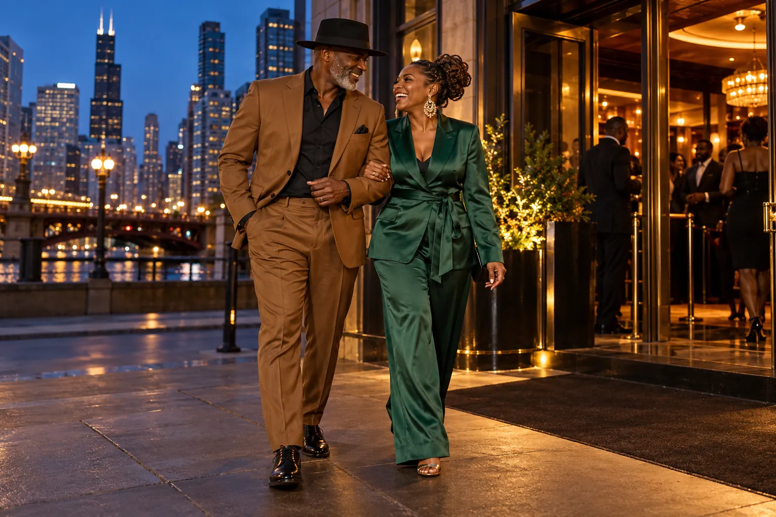 A couple in a caramel suit and emerald outfit arriving at an evening event by the Chicago river